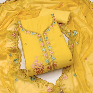 Yellow Dress Material In Cotton Silk With Floral Embroidery & Sequin Accents