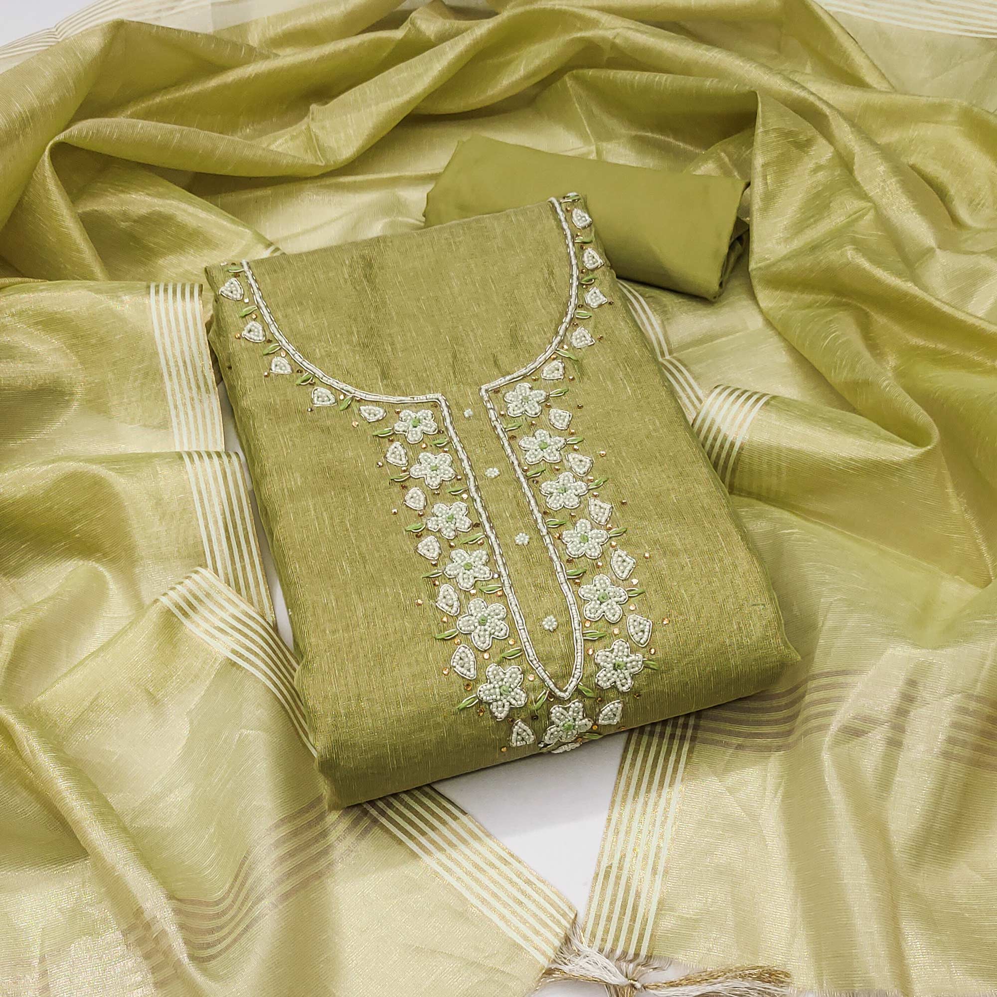 Green Shimmer Cotton Pure Cotton Dress Material With Intricate Moti & Stones Handwork