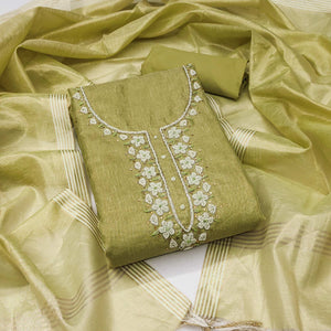 Green Shimmer Cotton Pure Cotton Dress Material With Intricate Moti & Stones Handwork