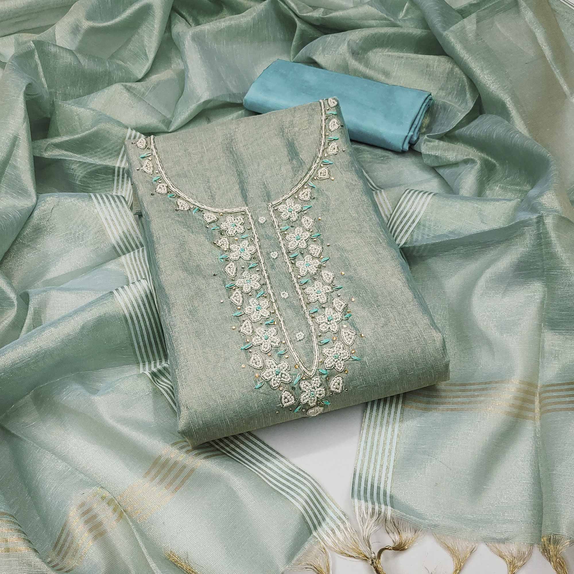Pastel Sea Green Shimmer Cotton Pure Cotton Dress Material With Intricate Moti & Stones Handwork