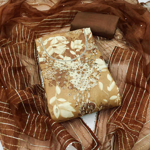 Brown Floral Printed With Intricate Moti & Sequins Handwork Cotton Silk Dress Material