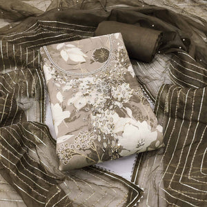Grey Floral Printed With Intricate Moti & Sequins Handwork Cotton Silk Dress Material
