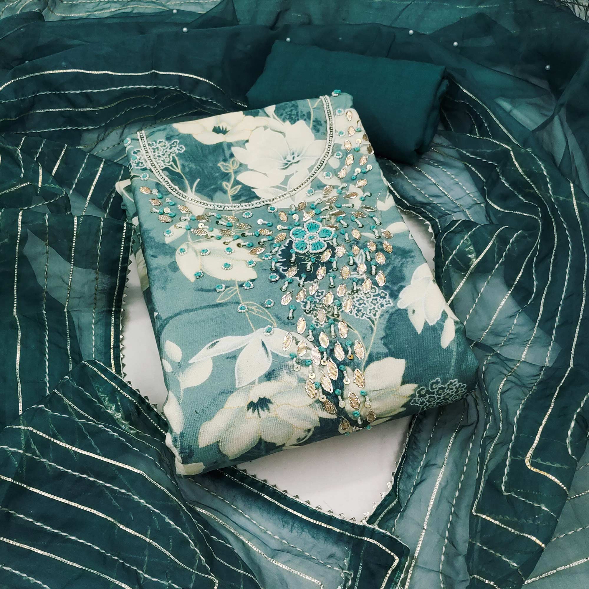 Teal Floral Printed With Intricate Moti & Sequins Handwork Cotton Silk Dress Material