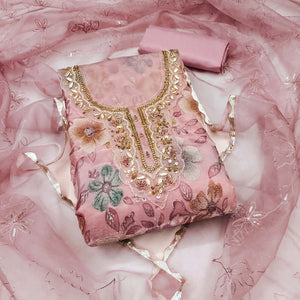 Peach Delight Floral Printed With Moti & Sequins Handwork Viscose Dress Material