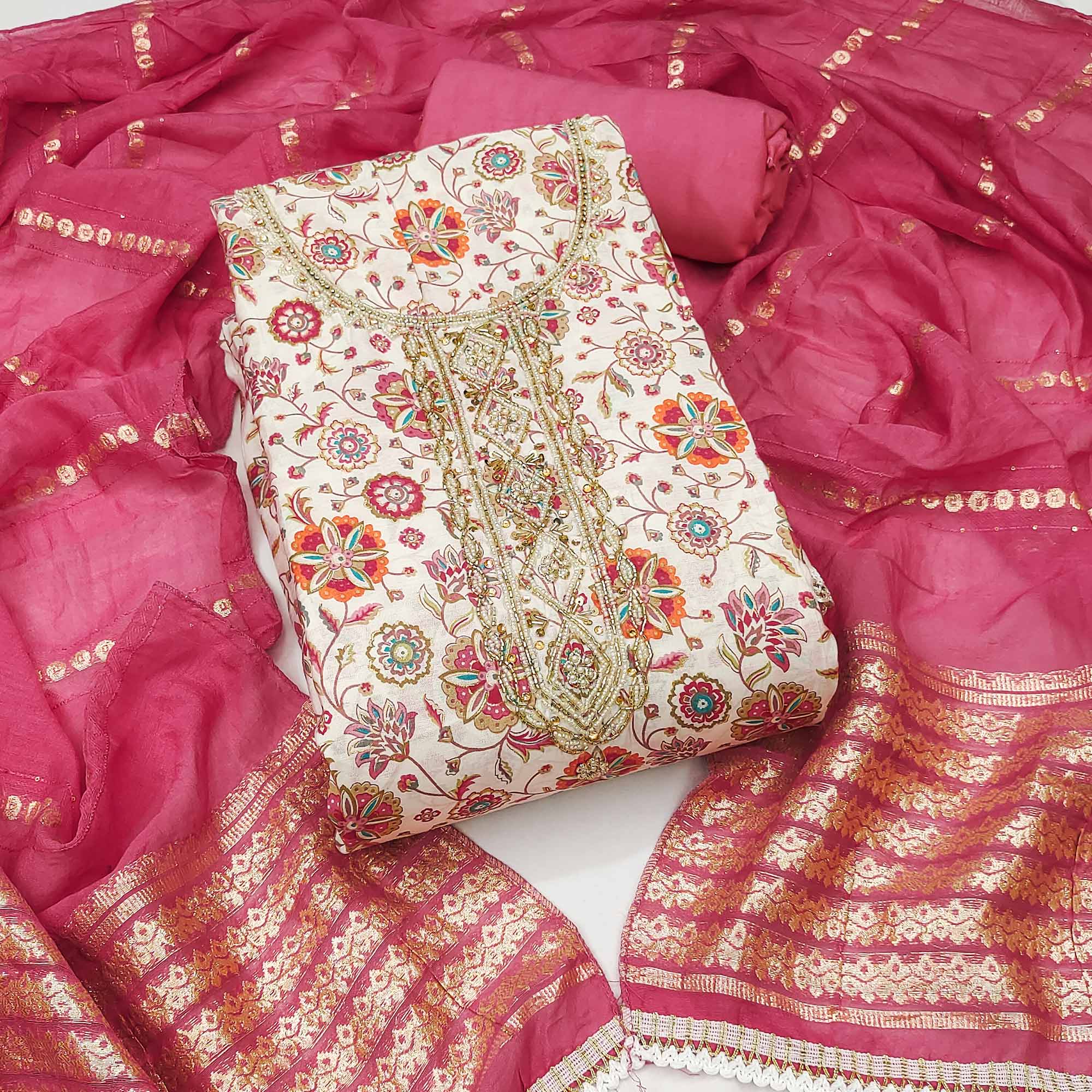 Pink Floral Printed Roman Cotton Silk Dress Material With Intricate Moti & Sequins Handwork
