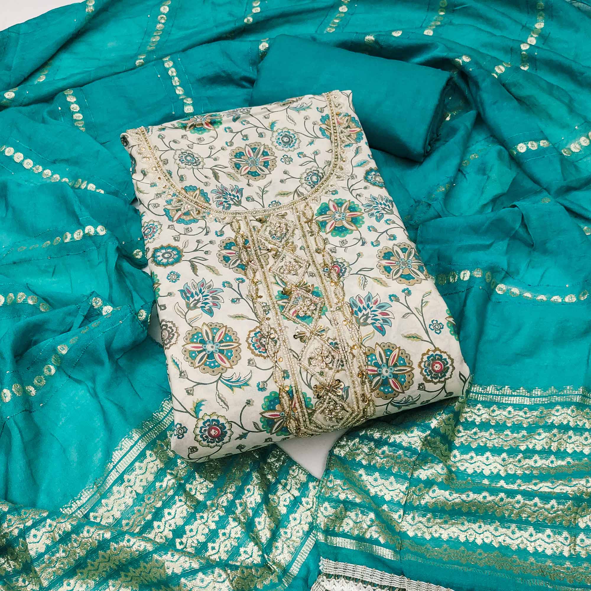 Teal Floral Printed Roman Cotton Silk Dress Material With Intricate Moti & Sequins Handwork