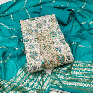 Teal Floral Printed Roman Cotton Silk Dress Material With Intricate Moti & Sequins Handwork