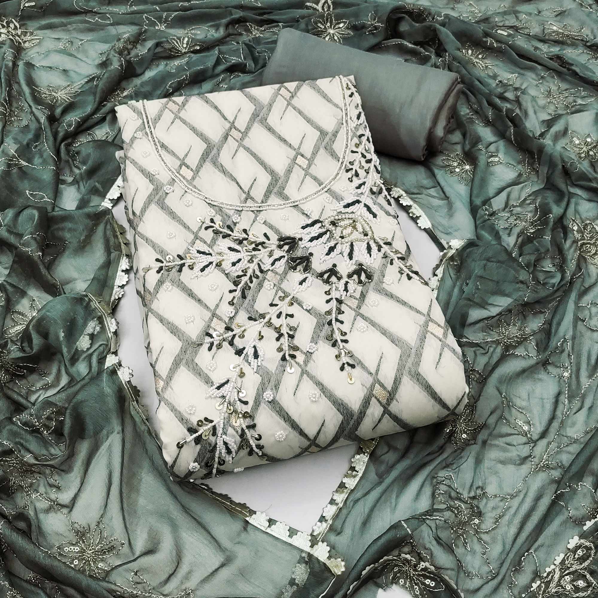 Dusty Sea Green Woven Banarasi Silk Dress Material With Intricate Moti & Sequins Handwork