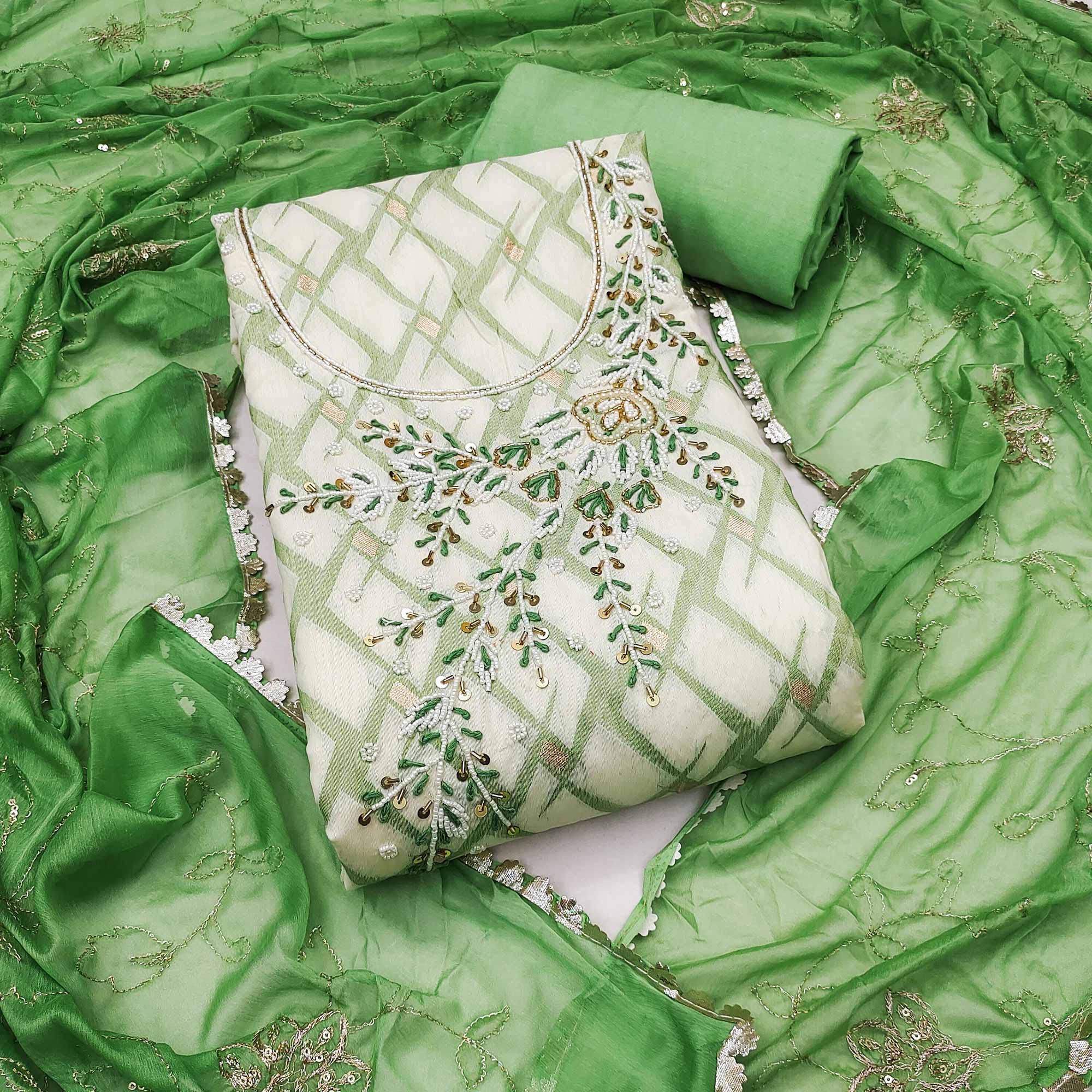 Green Woven Banarasi Silk Dress Material With Intricate Moti & Sequins Handwork