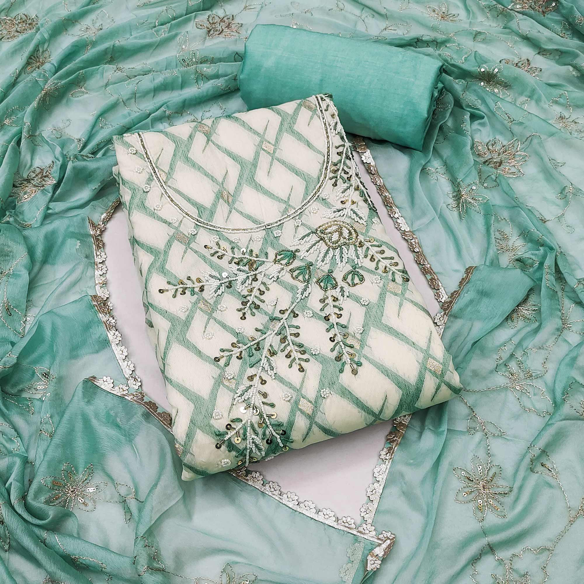 Turquoise Woven Banarasi Silk Dress Material With Intricate Moti & Sequins Handwork