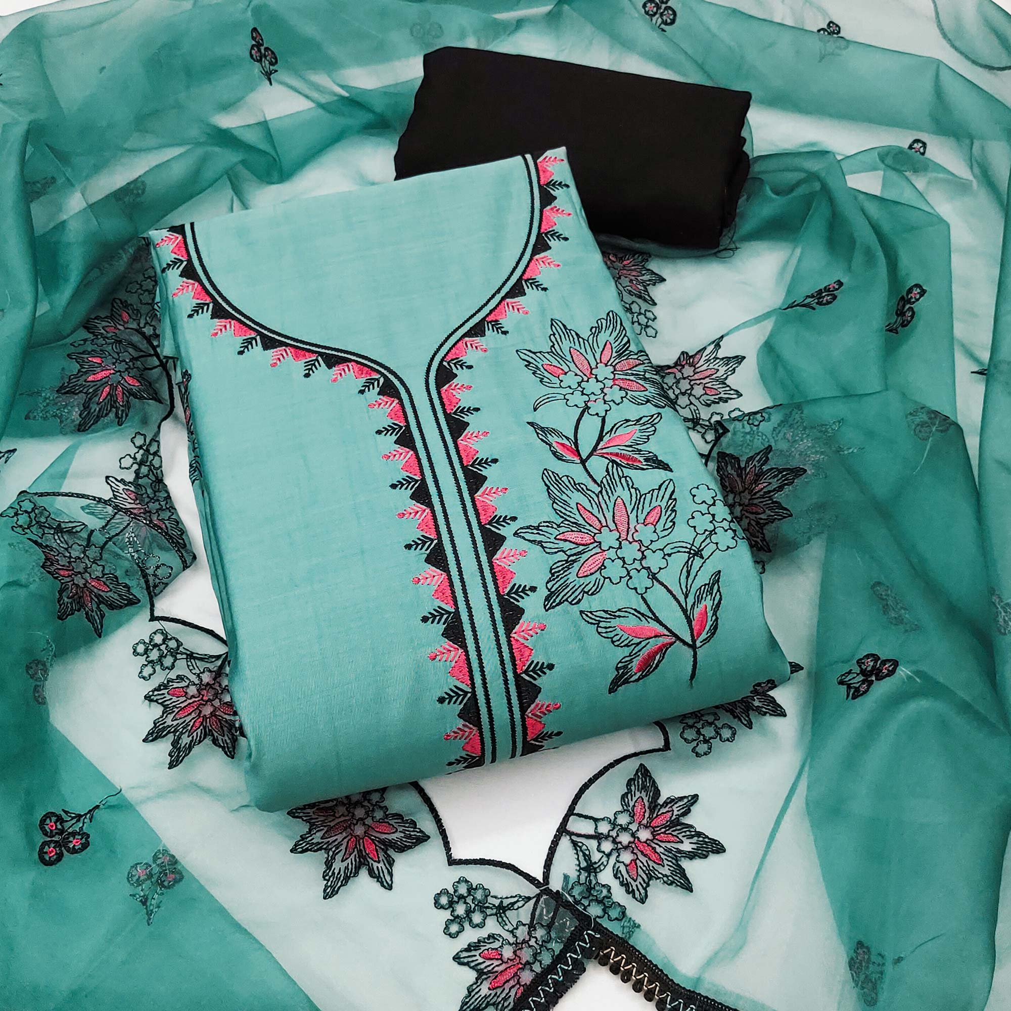 Turquoise Cotton Silk Dress Material With Intricate Floral Thread Embroidery