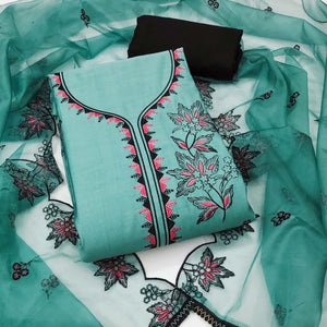 Turquoise Cotton Silk Dress Material With Intricate Floral Thread Embroidery