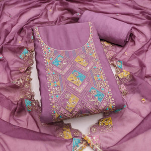 Dusty Mauve Floral Embroidered Cotton Silk Dress Material With Glimmering Sequins Work