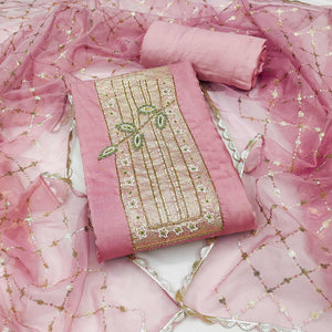 Peach Woven With Intricate Moti Handwork Banarasi Cotton Dress Material