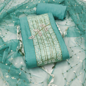 Turquoise Woven With Intricate Moti Handwork Banarasi Cotton Dress Material