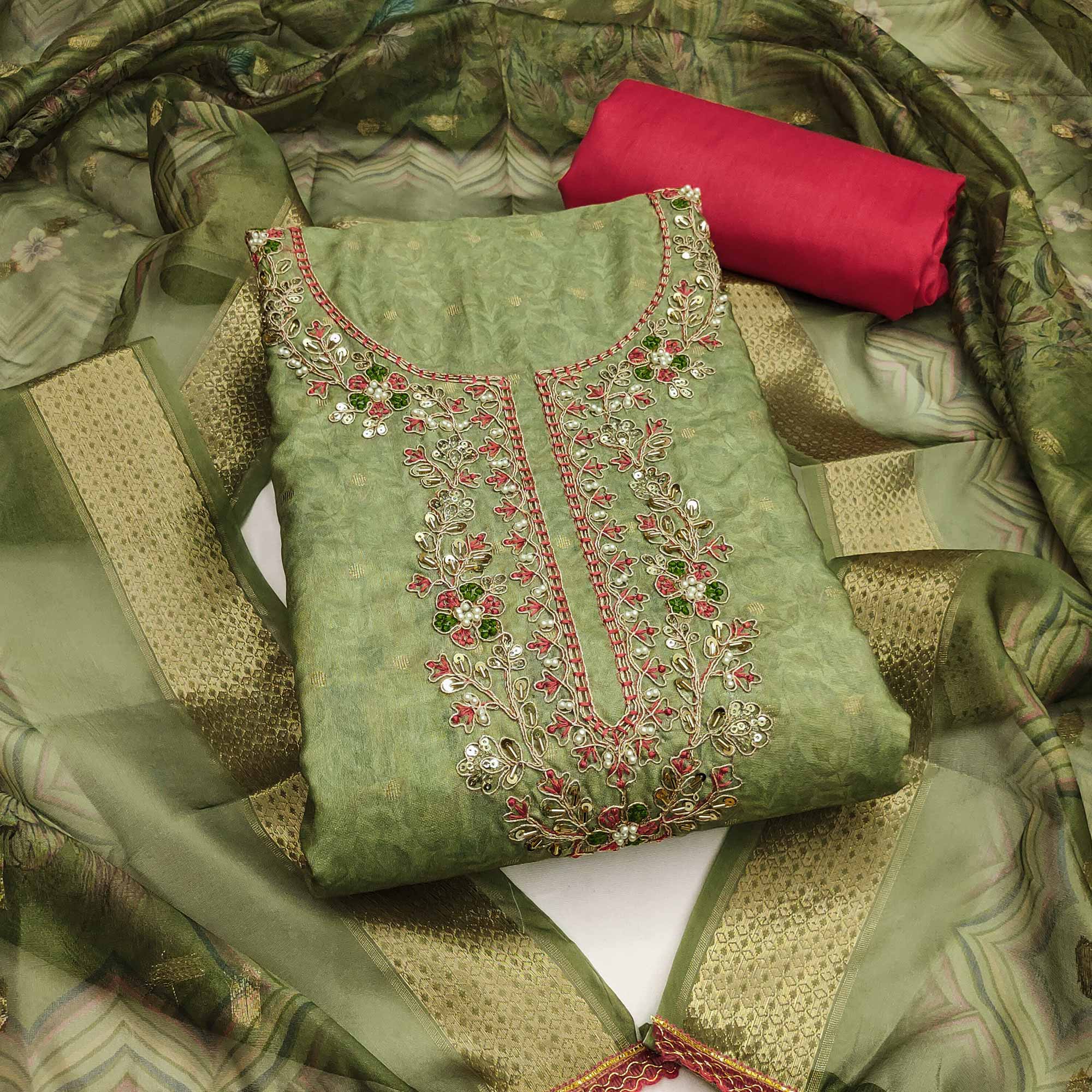 Green Digital Printed Cotton Silk Dress Material With Intricate Moti & Sequins Handwork