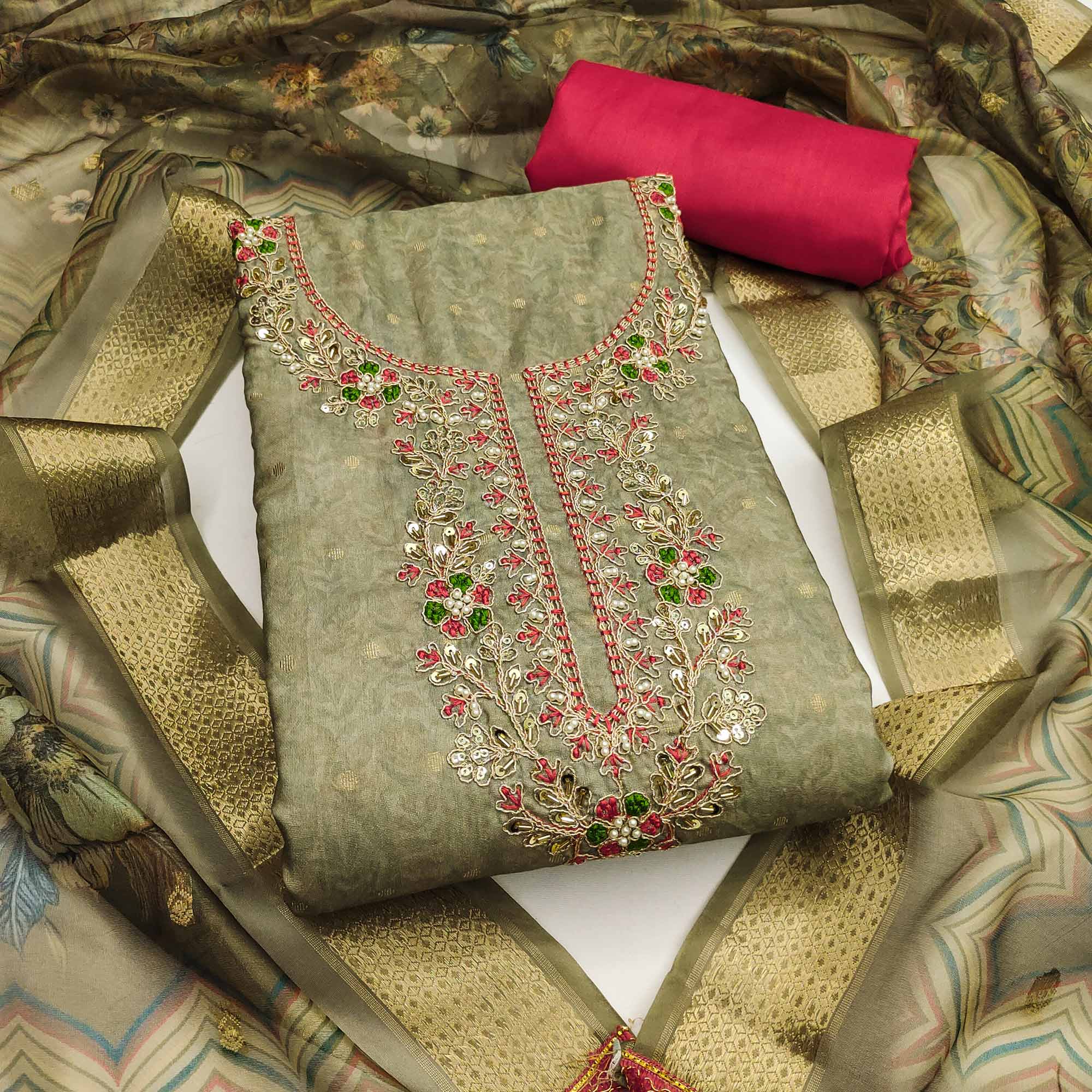 Olive Digital Printed Cotton Silk Dress Material With Intricate Moti & Sequins Handwork