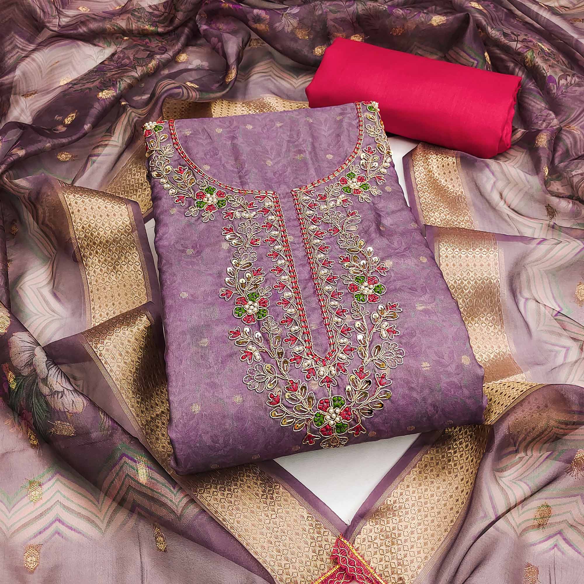 Purple Digital Printed Cotton Silk Dress Material With Intricate Moti & Sequins Handwork