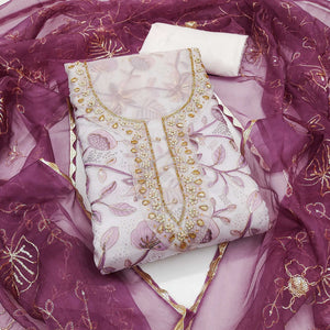 Wine Floral Elegance Dress Material With Handwork & Sequins On Organza