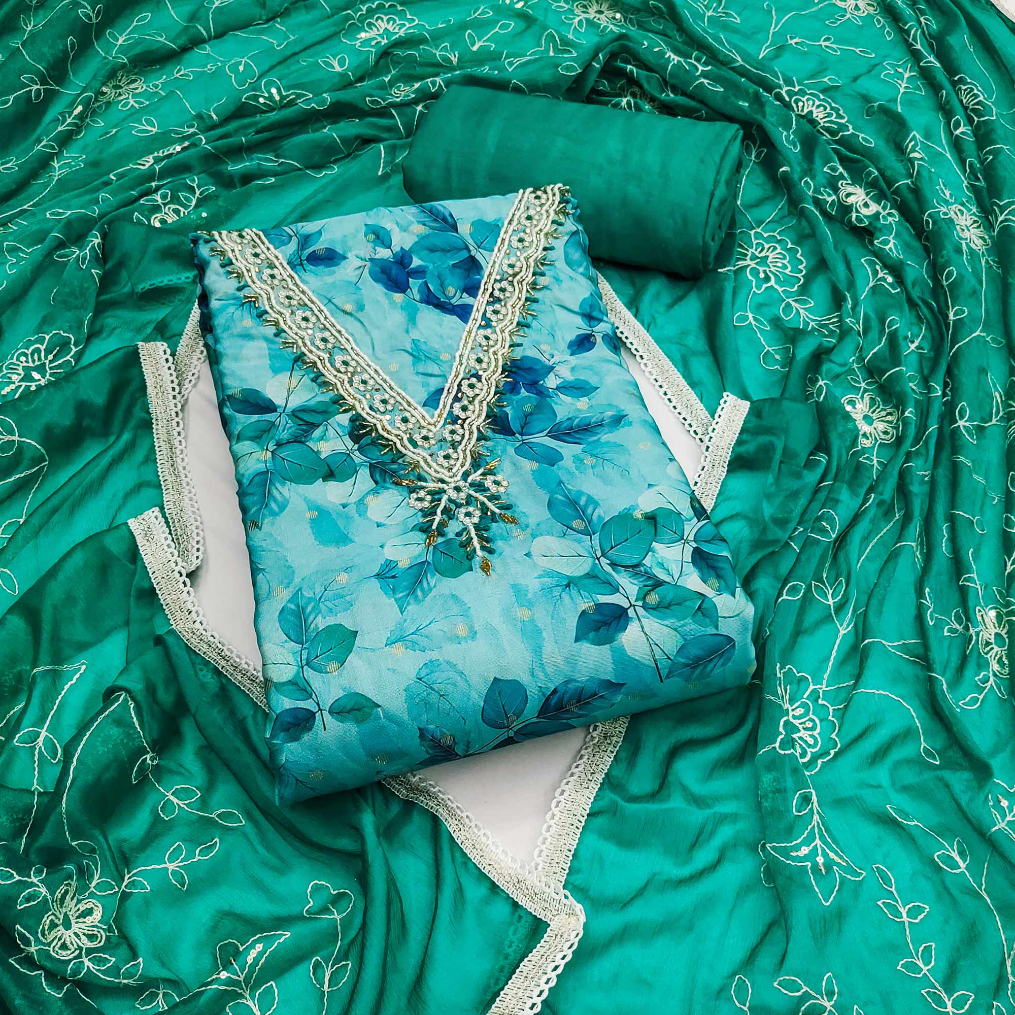 Blue Banarasi Silk Dress Material With Digital Print & Moti Handwork