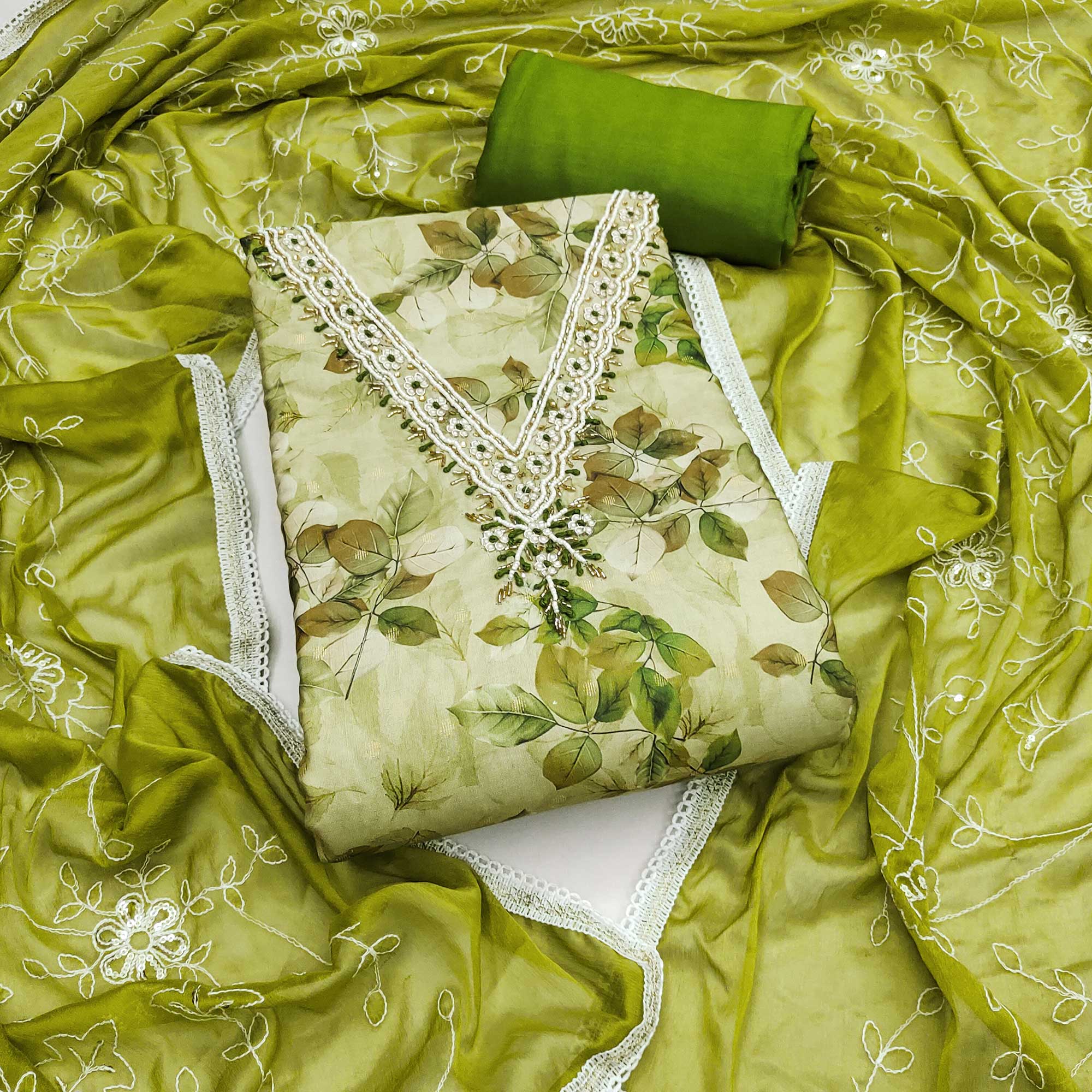 Green Banarasi Silk Dress Material With Digital Print & Moti Handwork