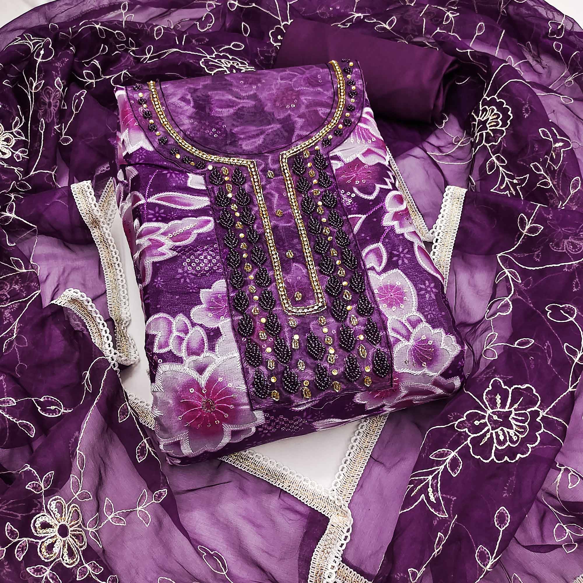 Purple Delicate Floral Sequins & Hand Embellishments On Flowing Organza Dress Material