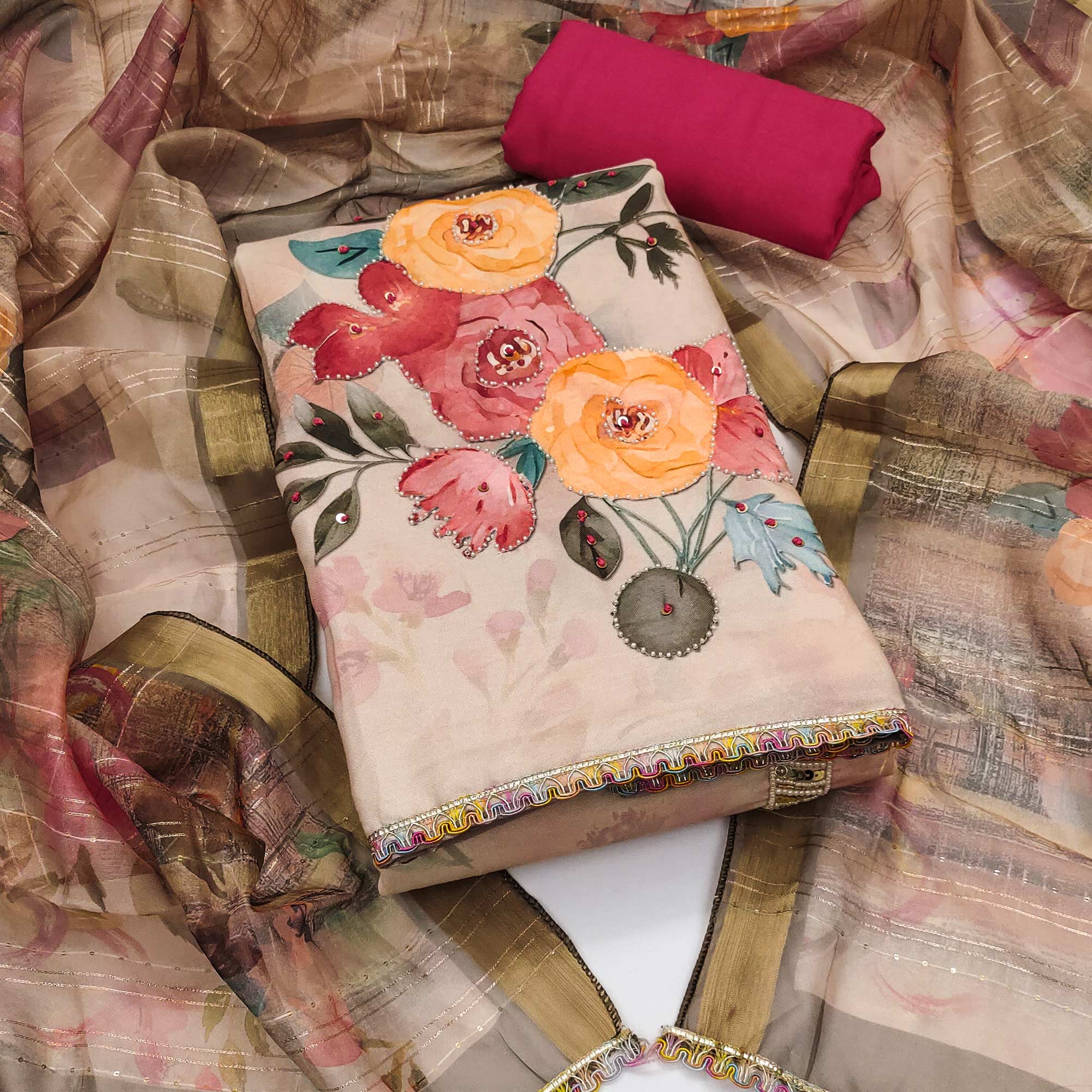 Beige Pure Cotton Dress Material With Floral Digital Print & Fine Handwork