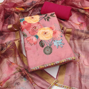 Pink Pure Cotton Dress Material With Floral Digital Print & Fine Handwork