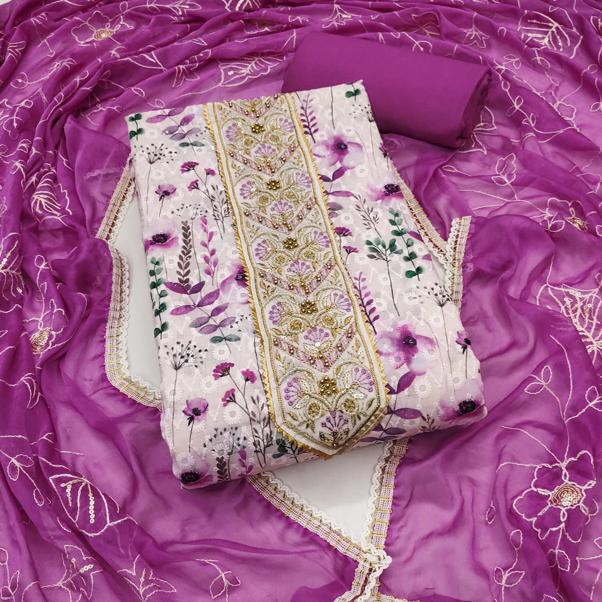 Purple Pure Cotton Dress Material With Digital Florals & Handcrafted Sequins Embroidery