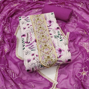 Purple Pure Cotton Dress Material With Digital Florals & Handcrafted Sequins Embroidery