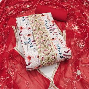 Red Pure Cotton Dress Material With Digital Florals & Handcrafted Sequins Embroidery