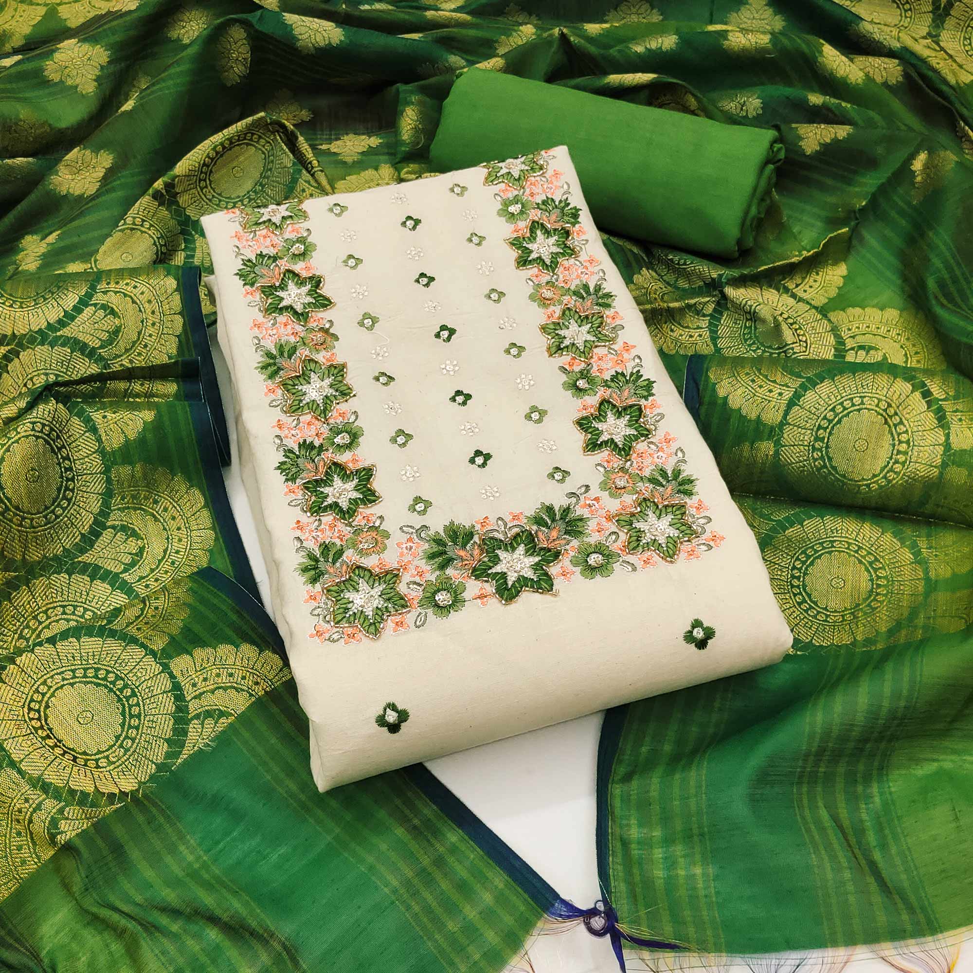 Floral Sequins Embroidered Cream & Green Pure Cotton Dress Material With Delicate Handwork