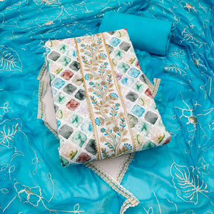 Blue Digital Printed With Sequins Embroidery & Handwork Pure Cotton Dress Material