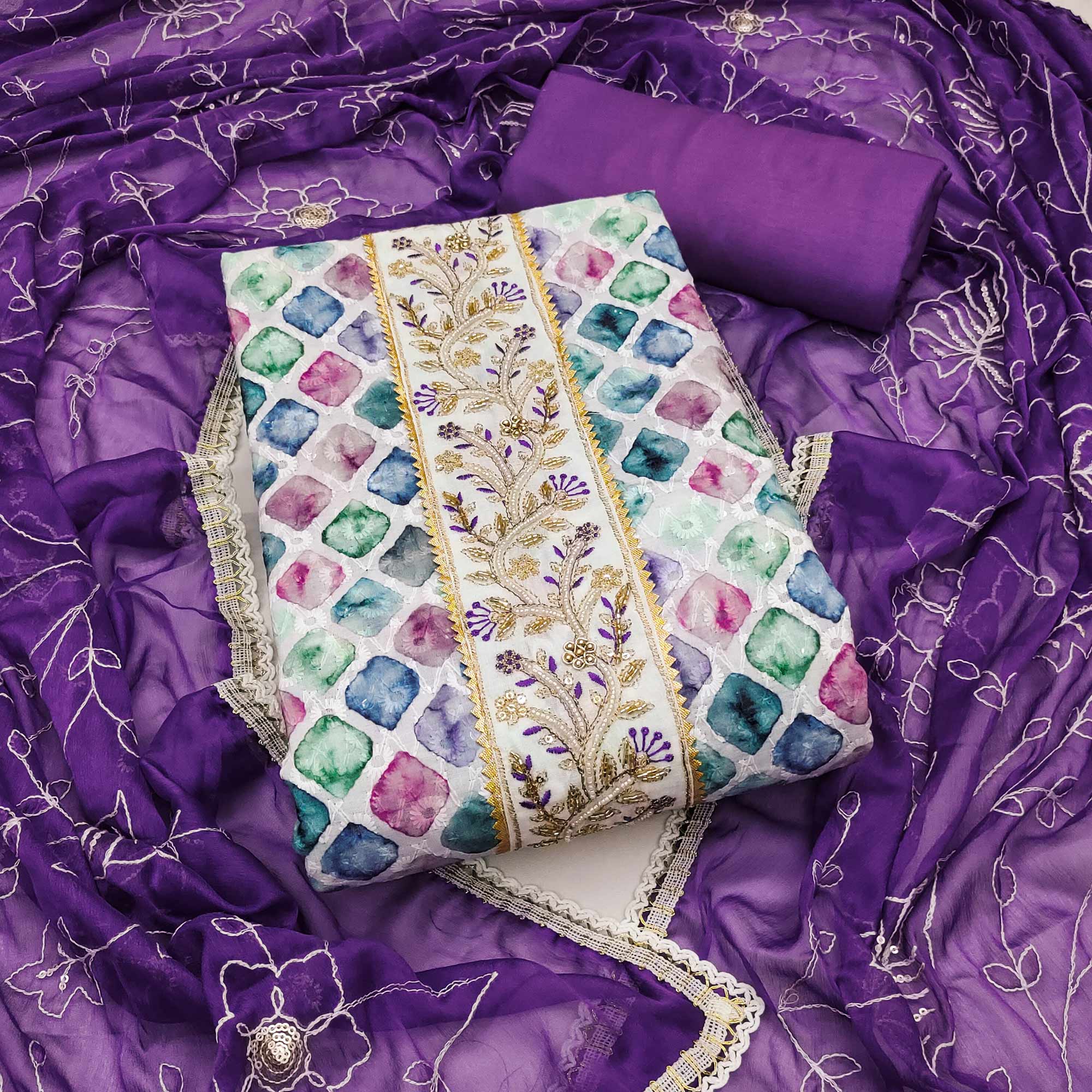 Purple Digital Printed With Sequins Embroidery & Handwork Pure Cotton Dress Material