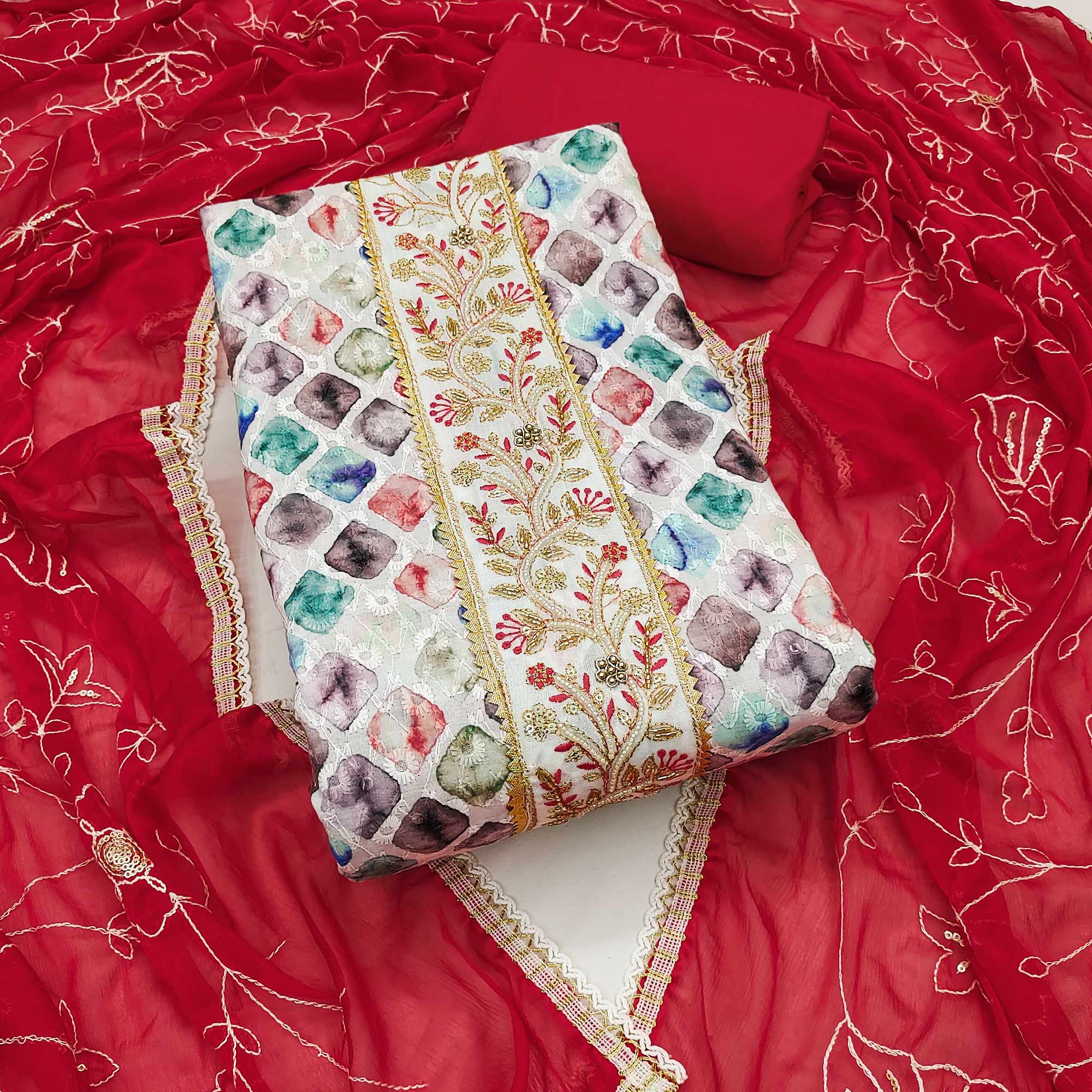 Red Digital Printed With Sequins Embroidery & Handwork Pure Cotton Dress Material