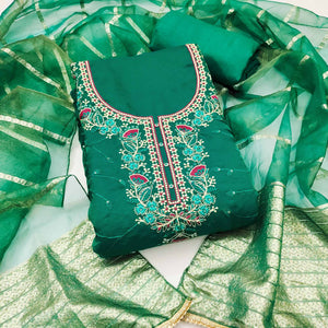 Green Georgette Silk Dress Material Beautified With Floral Sequins Embroidery