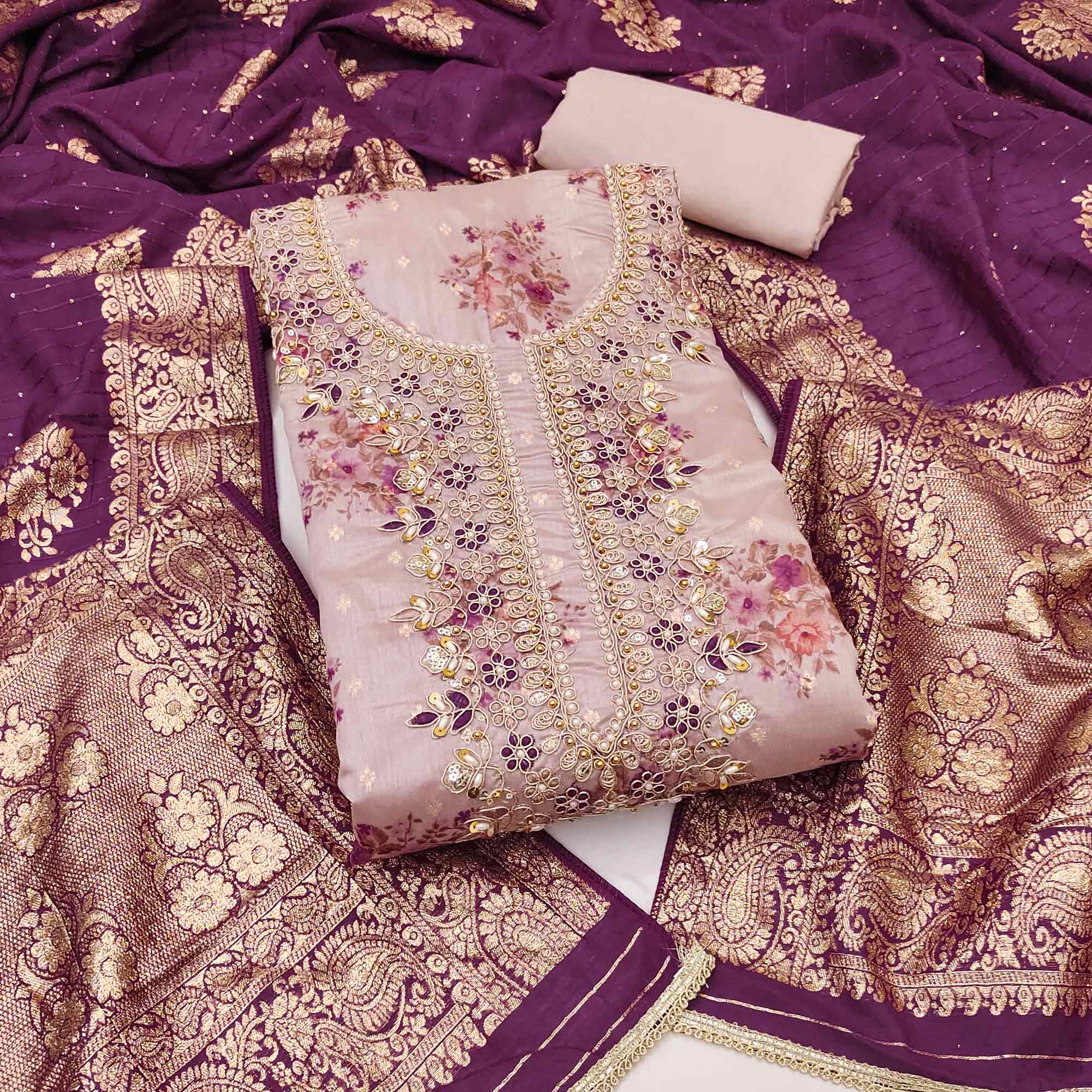 Dusty Mauve Chanderi Silk Dress Material Adorned With Floral Sequins Embroidery & Moti Handwork