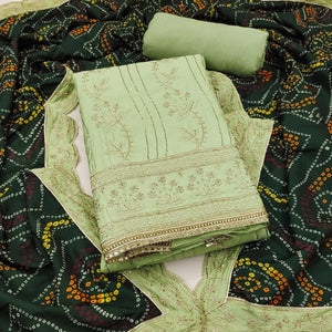 Green Cotton Silk Dress Material Embellished With Elegant Floral Hand Embroidery Work