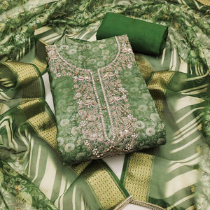 Green Banarasi Cotton Blend Dress Material With Floral Digital Print & Elegant Moti Handwork