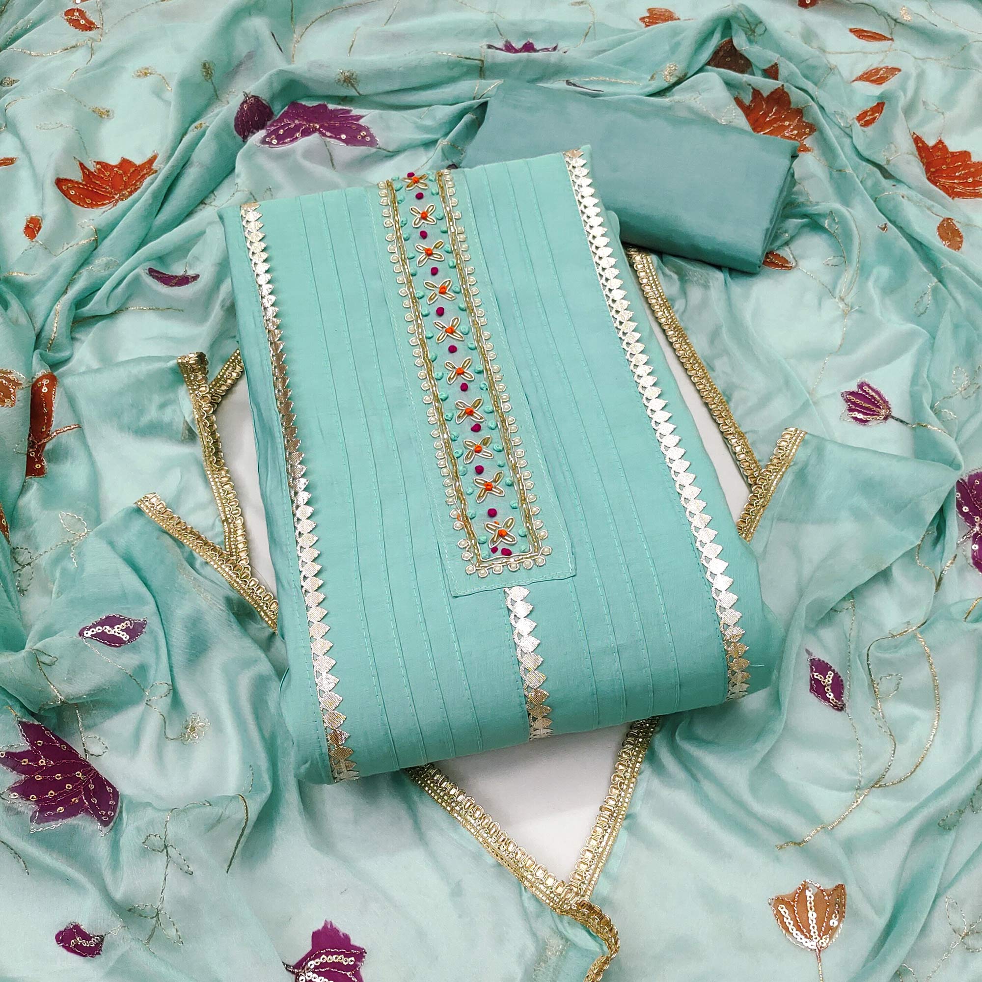 Turquoise Cotton Silk Dress Material Embellished With Elegant Moti Handwork & Gota Patti Lace