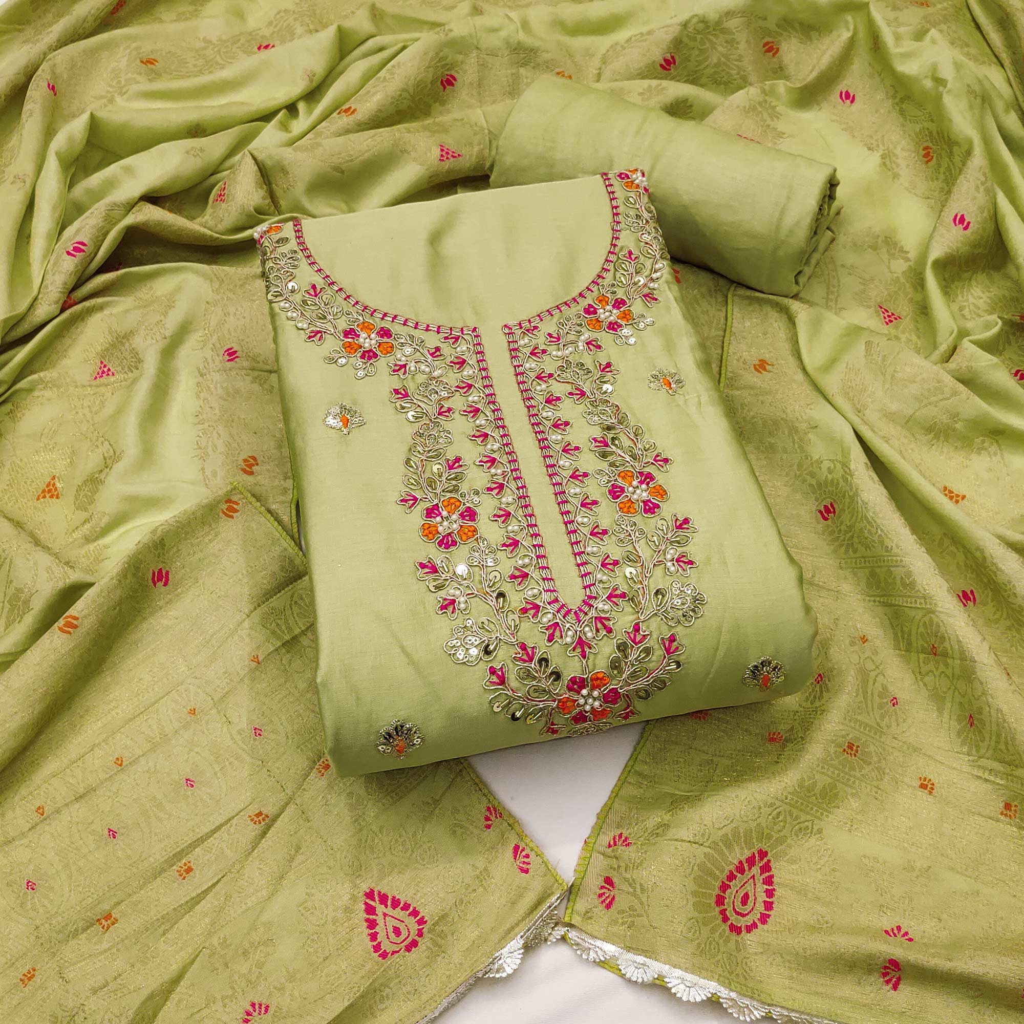 Green Pure Cotton Dress Material Featuring Floral Sequins Cording Embroidery With Moti Handwork