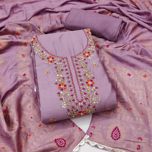 Lavender Pure Cotton Dress Material Featuring Floral Sequins Cording Embroidery With Moti Handwork