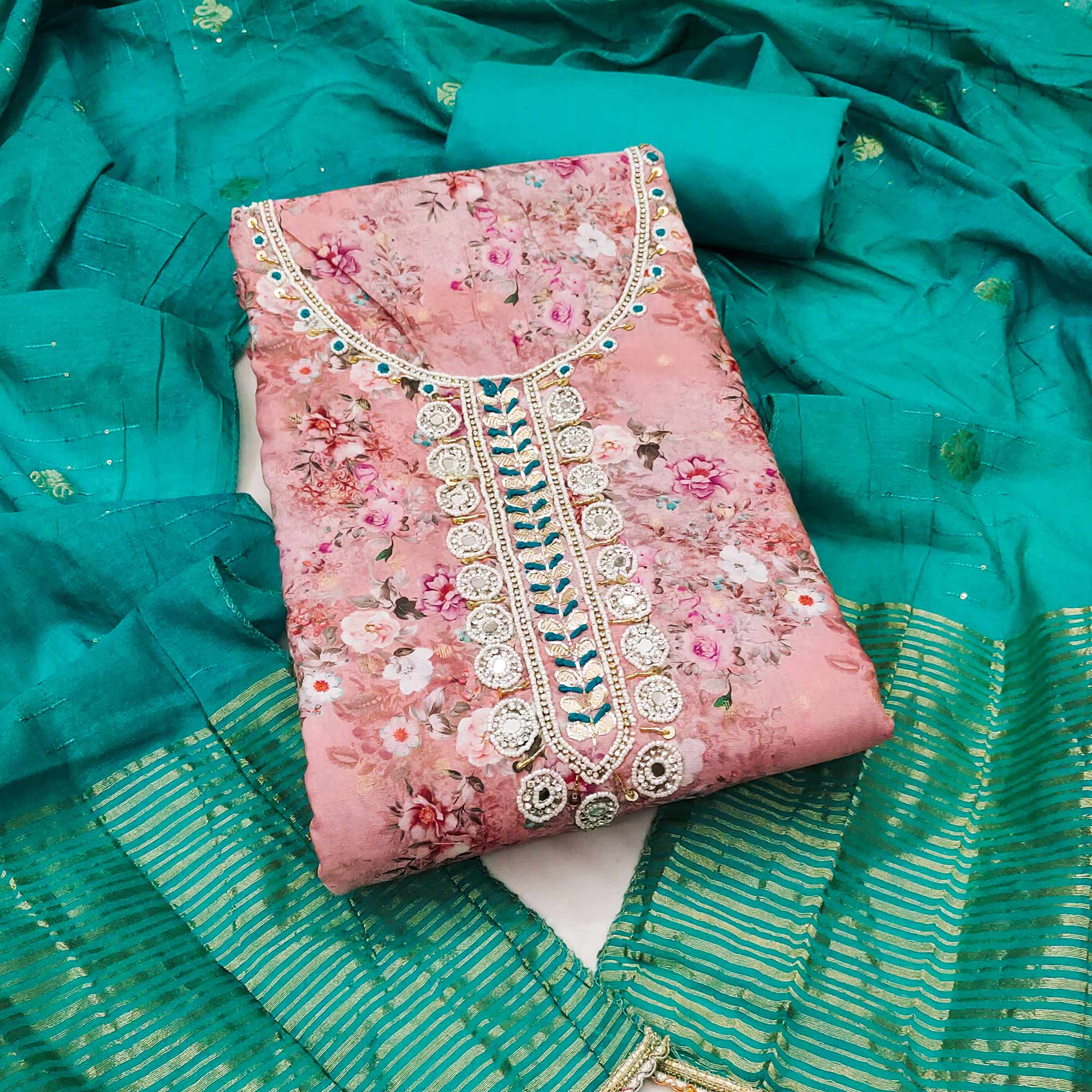 Light Pink Floral Digital Printed Cotton Blend Dress Material Embellished With Moti Hand Embroidery