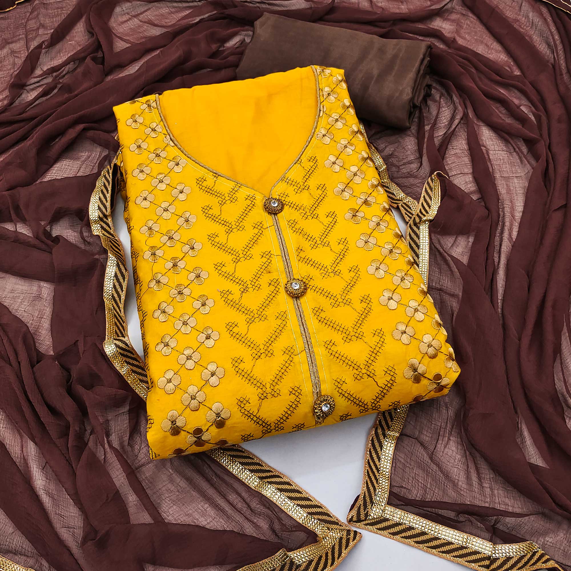 Yellow Ensemble In Chanderi Silk Dress Material Adorned With Graceful Floral Thread Embroidery