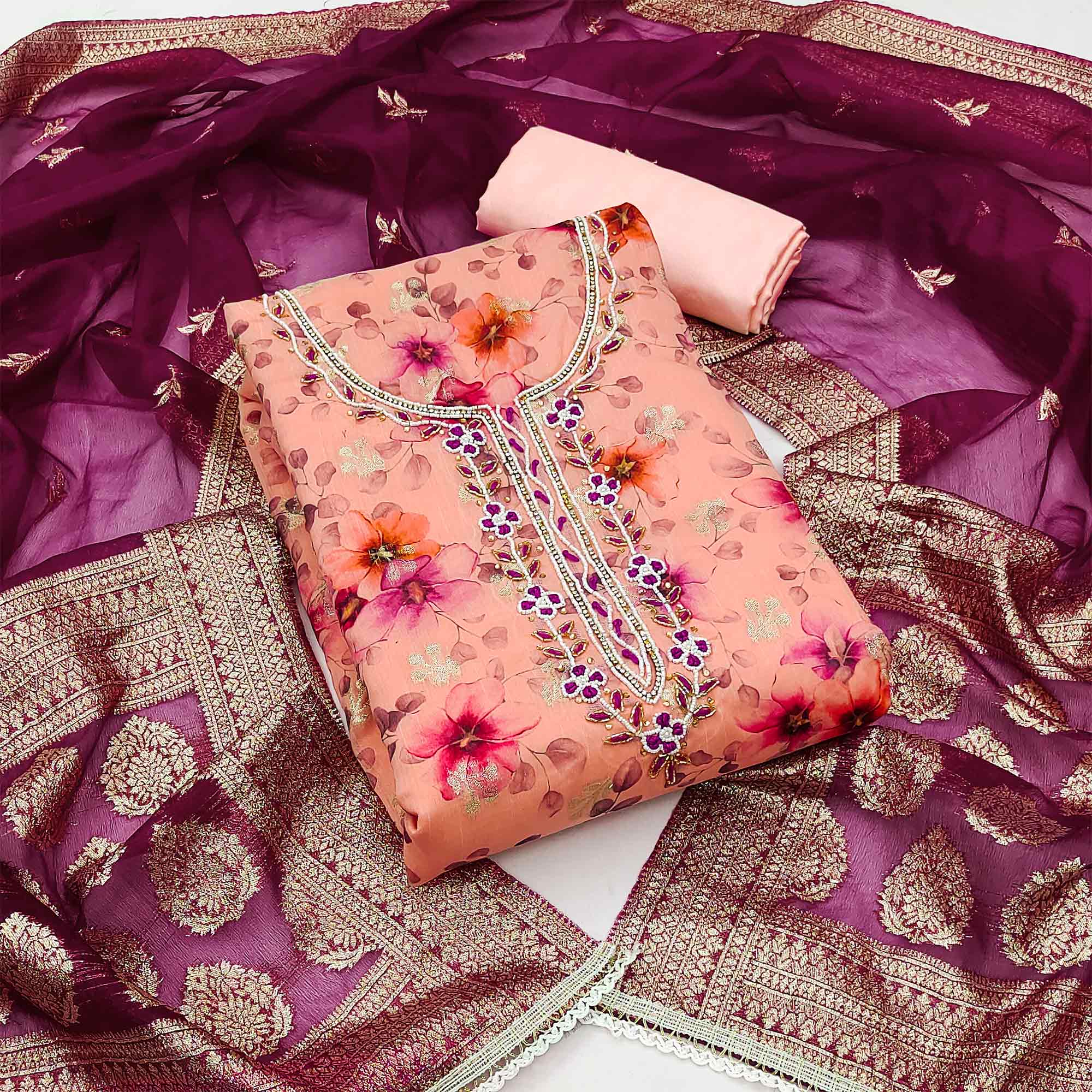 Peach Floral Digital Printed Banarasi Chanderi Silk Dress Material Enhanced With Hand Work