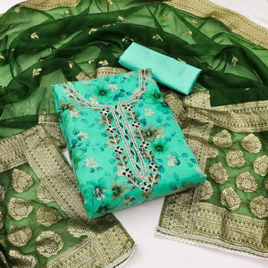 Turquoise Floral Digital Printed Banarasi Chanderi Silk Dress Material Enhanced With Hand Work