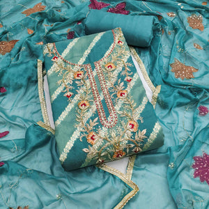 Blue Floral Zari Weaving & Sequins With Handwork Embellished Shimmer Dress Material