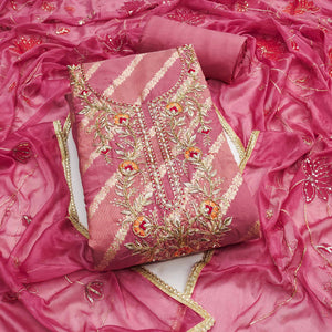 Pink Floral Zari Weaving & Sequins With Handwork Embellished Shimmer Dress Material