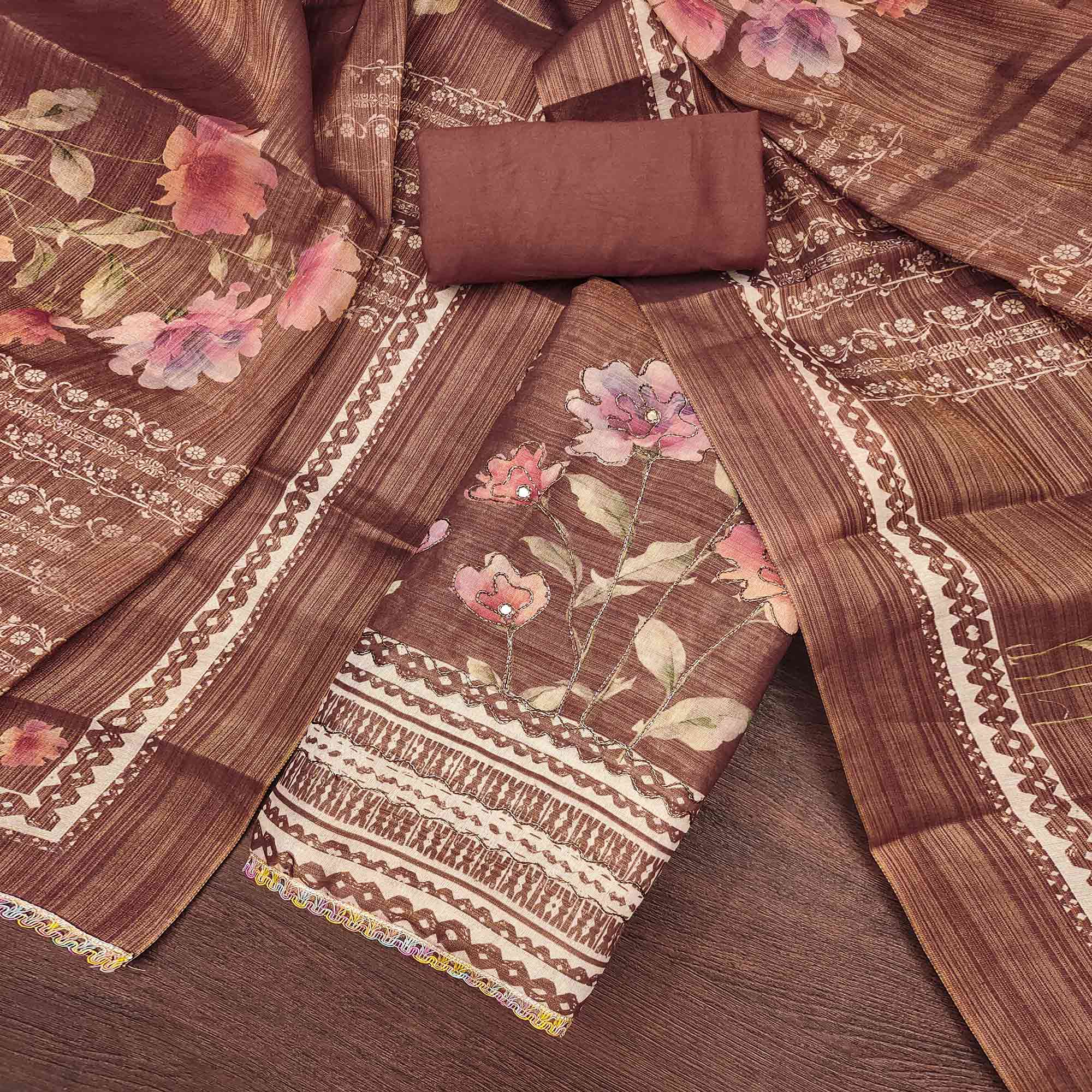 Brown Floral Digital Printed With Embroidered Cotton Silk Dress Material For Traditional Look