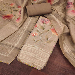 Chikoo Floral Digital Printed With Embroidered Cotton Silk Dress Material For Traditional Look